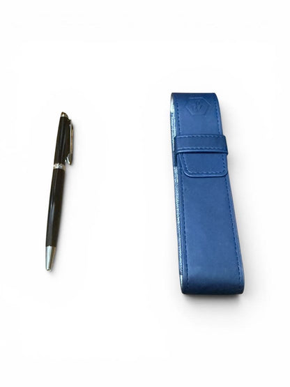WATERMAN ballpoint pen with black body and blue dedicated pen case set on white background