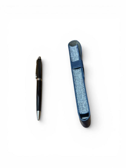 WATERMAN ballpoint pen with black body and blue dedicated pen case set on white background