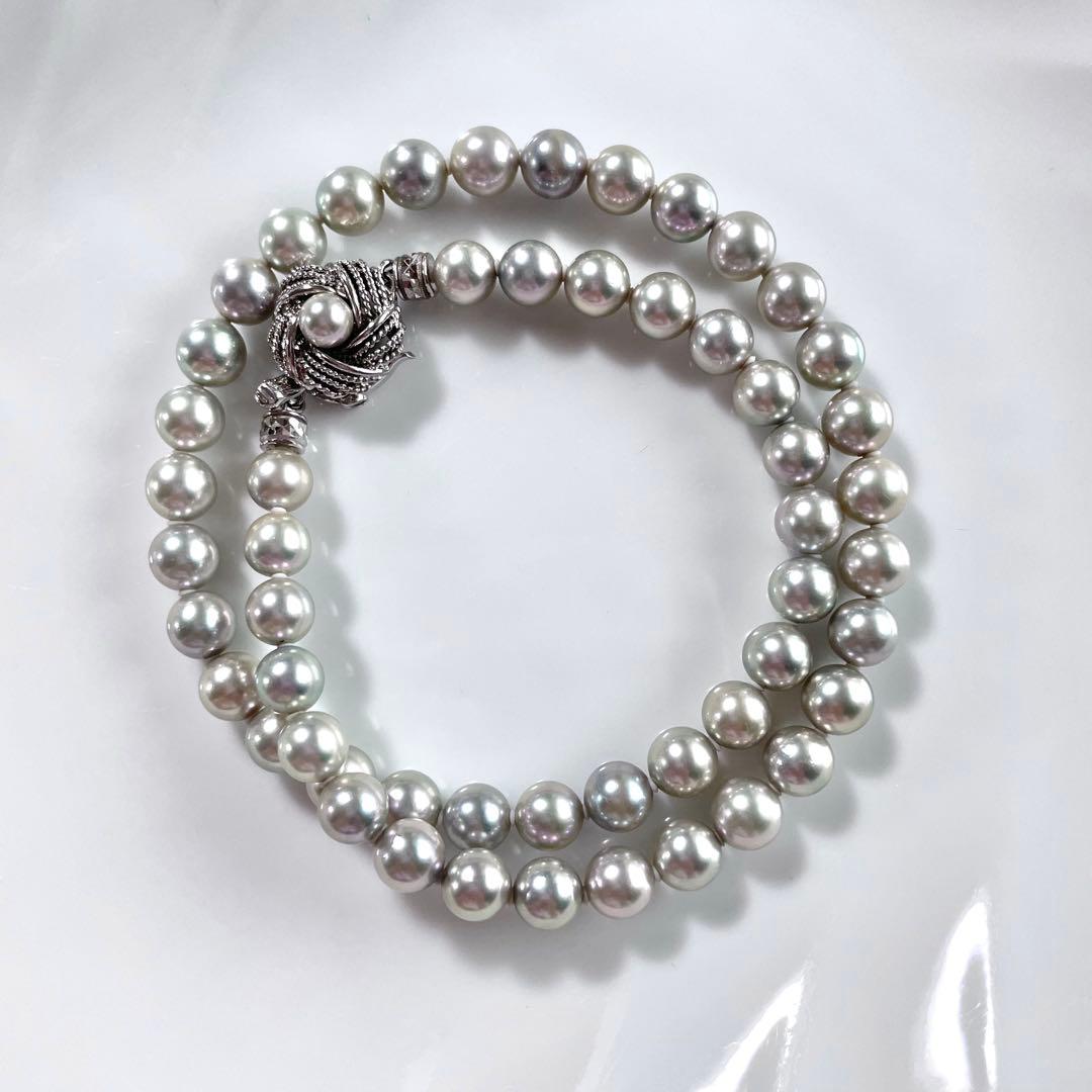 Akoya pearl necklace with genuine gray pearls 7-7.5mm, silver chain, double lock clasp, 42.5cm length