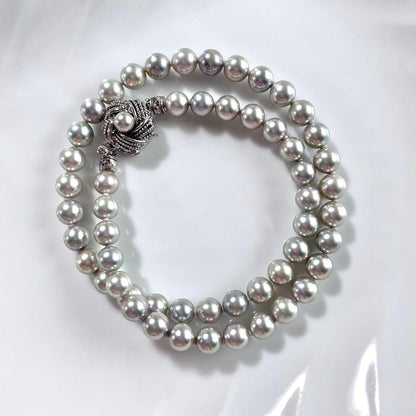 Akoya pearl necklace with genuine gray pearls 7-7.5mm, silver chain, double lock clasp, 42.5cm length