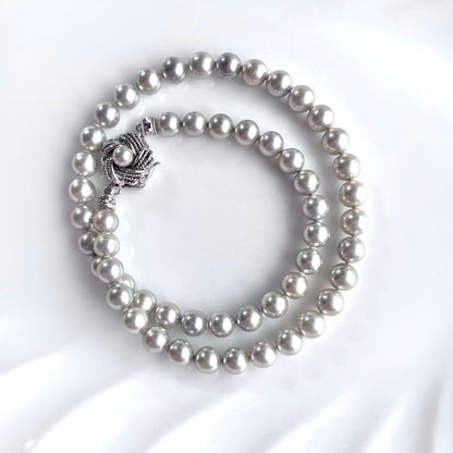 Akoya pearl necklace with genuine gray pearls 7-7.5mm, silver chain, double lock clasp, 42.5cm length