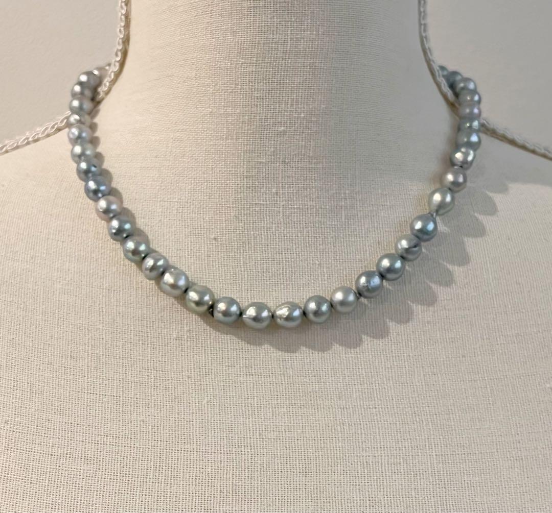 Oyster Pearl blue gray genuine pearl necklace and matching 9 mm stud earrings with silver clasp