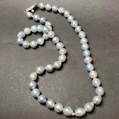 Oyster Pearl blue gray genuine pearl necklace and matching 9 mm stud earrings with silver clasp
