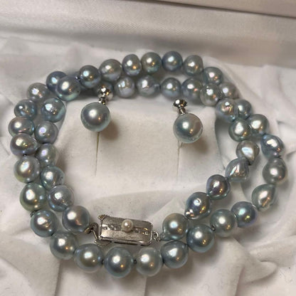 Oyster Pearl blue gray genuine pearl necklace and matching 9 mm stud earrings with silver clasp