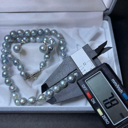 Oyster Pearl blue gray genuine pearl necklace and matching 9 mm stud earrings with silver clasp
