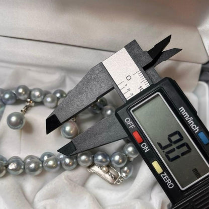 Oyster Pearl blue gray genuine pearl necklace and matching 9 mm stud earrings with silver clasp