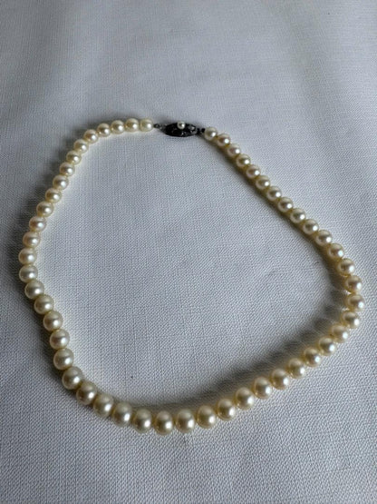 Close-up of Mikimoto Akoya Pearl Necklace with 7mm white pearls and 43cm length