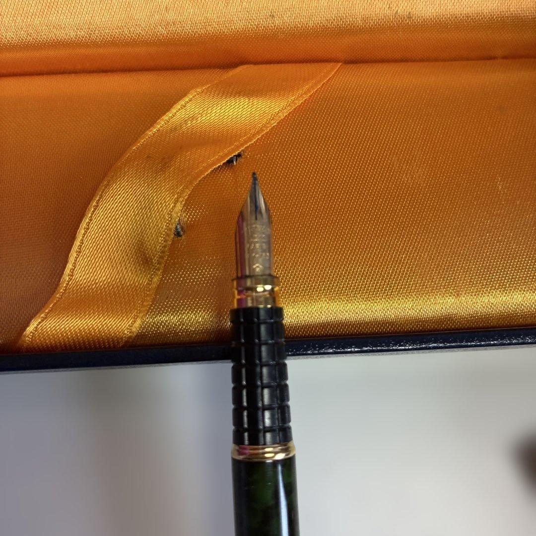 Waterman IDEAL fountain pen in marble green resin with 18K gold nib, displayed with box and ink cartridge