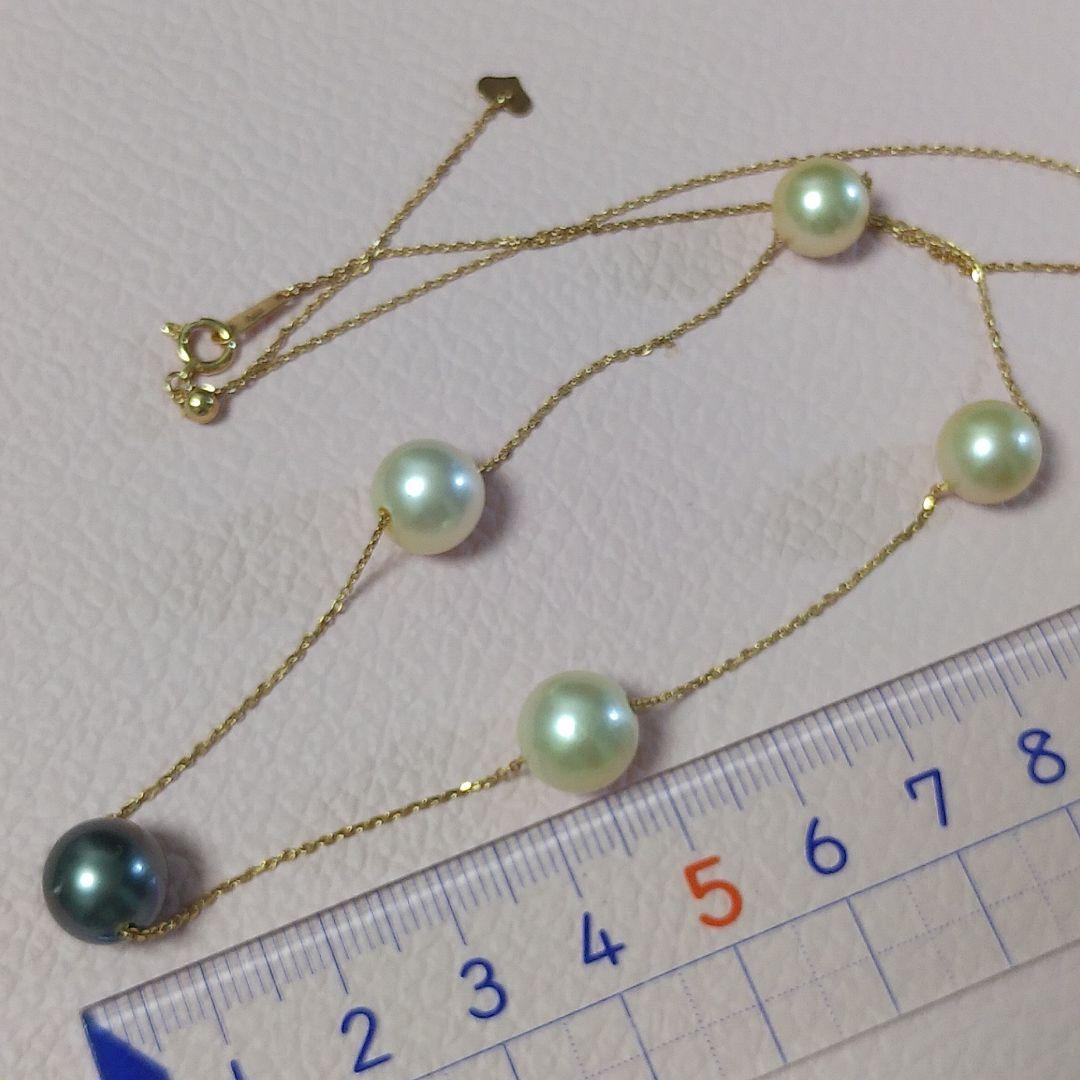 K18 Akoya pearl station necklace with large 10 mm Akoya pearls and a Tahitian pearl top on a 50 cm chain
