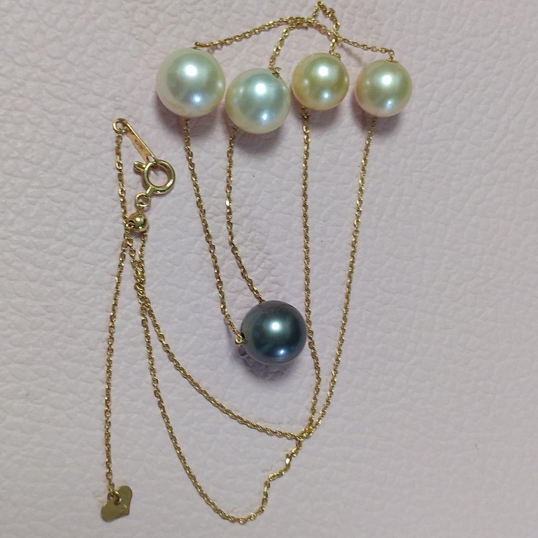 K18 Akoya pearl station necklace with large 10 mm Akoya pearls and a Tahitian pearl top on a 50 cm chain