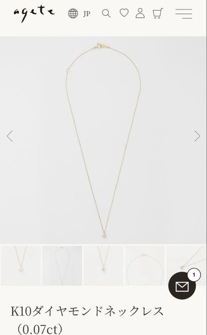 K10 gold diamond necklace by agete with 0.07 carat diamonds displayed on white background