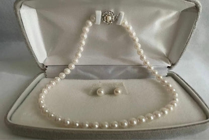 Akoya pearl necklace 8mm with matching 8.5mm pearl earrings in 14K white gold all knot finish