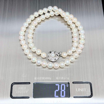 Hon Shun Akoya pearl necklace 43cm with matching 7.2mm pearl earrings set weighing 28g
