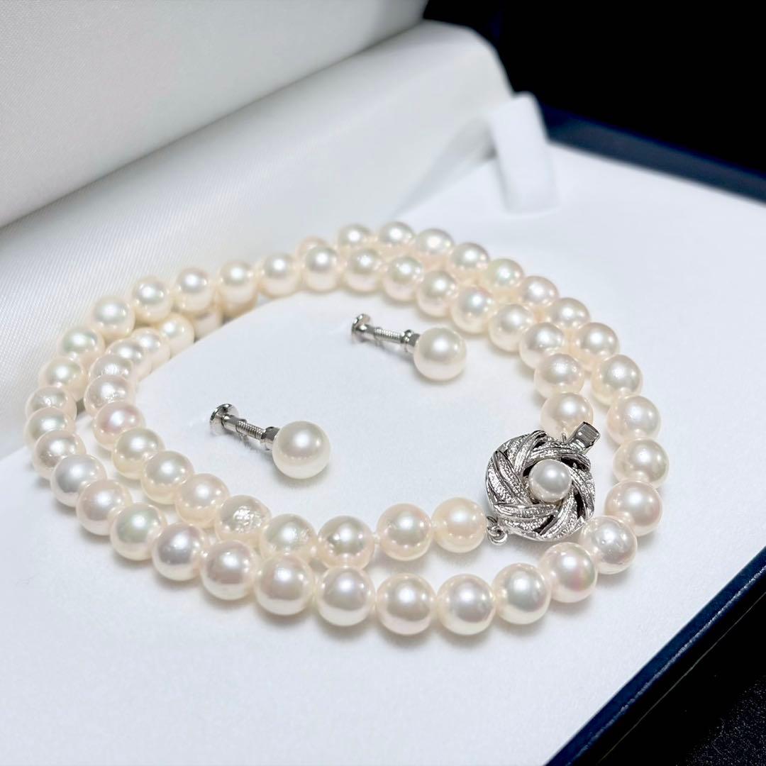 Hon Shun Akoya pearl necklace 43cm with matching 7.2mm pearl earrings set weighing 28g