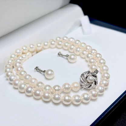 Hon Shun Akoya pearl necklace 43cm with matching 7.2mm pearl earrings set weighing 28g