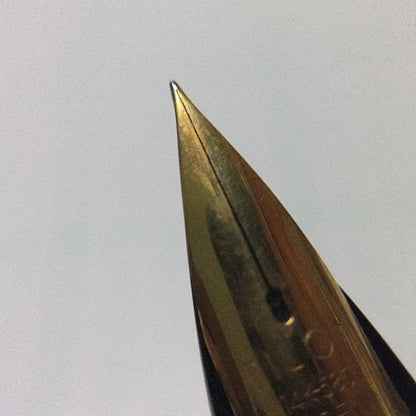 Black Pilot Desk Pen with 14K gold nib showing scratches and discoloration, accompanied by damaged storage box