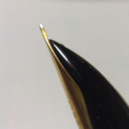 Black Pilot Desk Pen with 14K gold nib showing scratches and discoloration, accompanied by damaged storage box