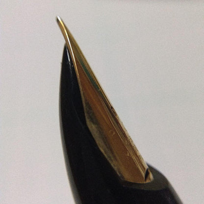 Black Pilot Desk Pen with 14K gold nib showing scratches and discoloration, accompanied by damaged storage box