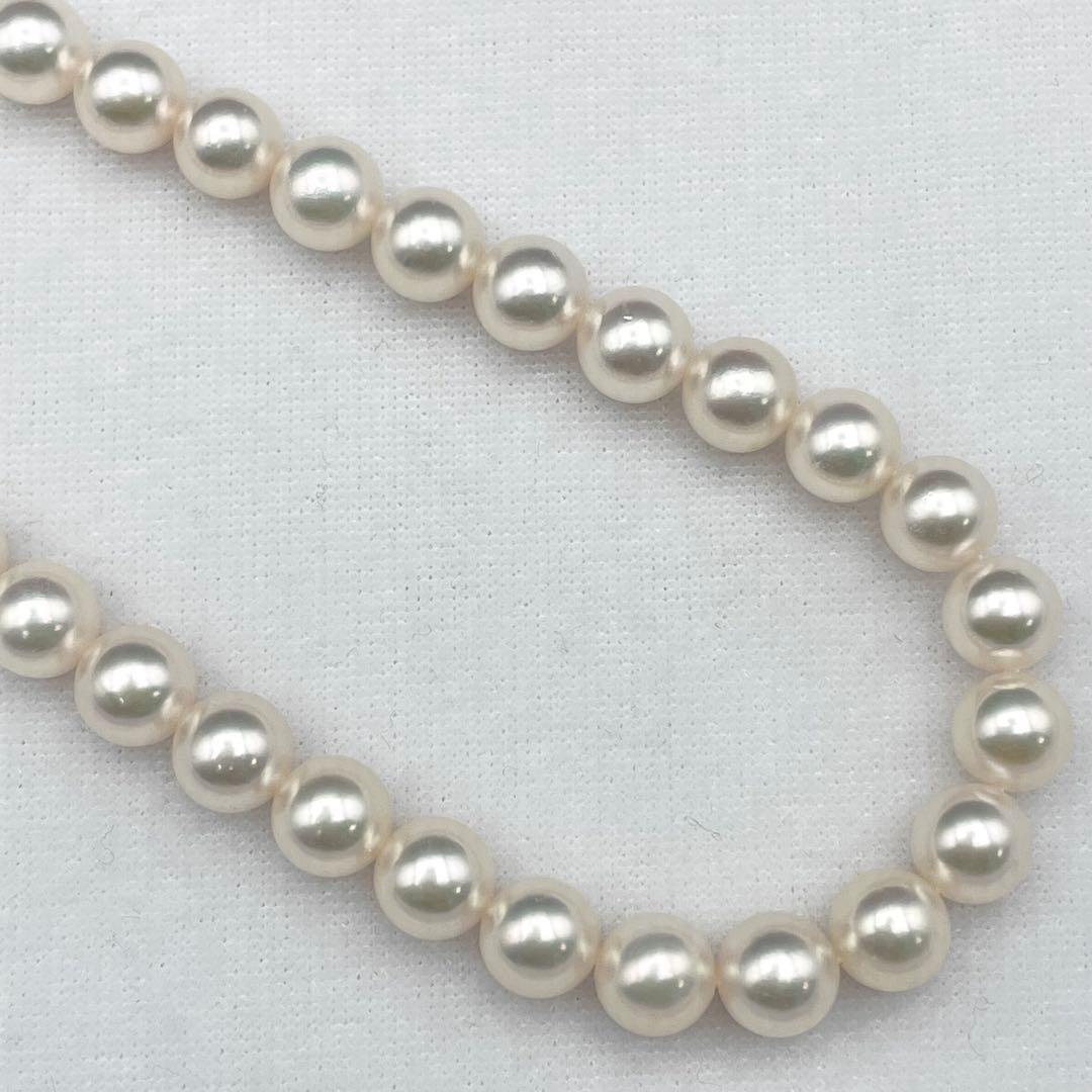 Tasaki Akoya pearl necklace with 7.0-7.5mm pearls and silver clasp on a white background