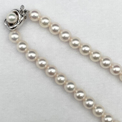 Tasaki Akoya pearl necklace with 7.0-7.5mm pearls and silver clasp on a white background
