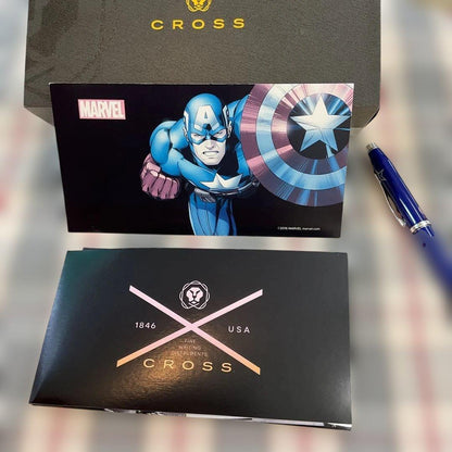 CROSS Marvel Captain America blue ballpoint pen with silver accents on white background