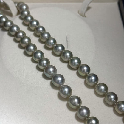 Akoya pearl necklace with blue-grey pearls approximately 9-10mm on a 46cm strand with silver clasp