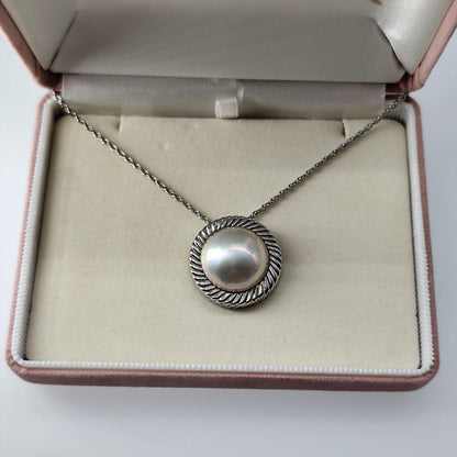 Tasaki pearl necklace with large 15mm mother-of-pearl pearls on a 62cm silver chain with T-Stamp