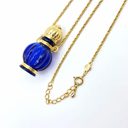 Mikimoto perfume bottle necklace with cobalt blue glass, gold decoration, pearl, and 80 cm chain