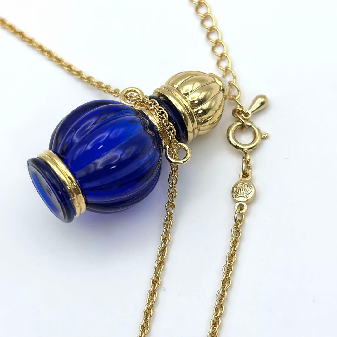 Mikimoto perfume bottle necklace with cobalt blue glass, gold decoration, pearl, and 80 cm chain