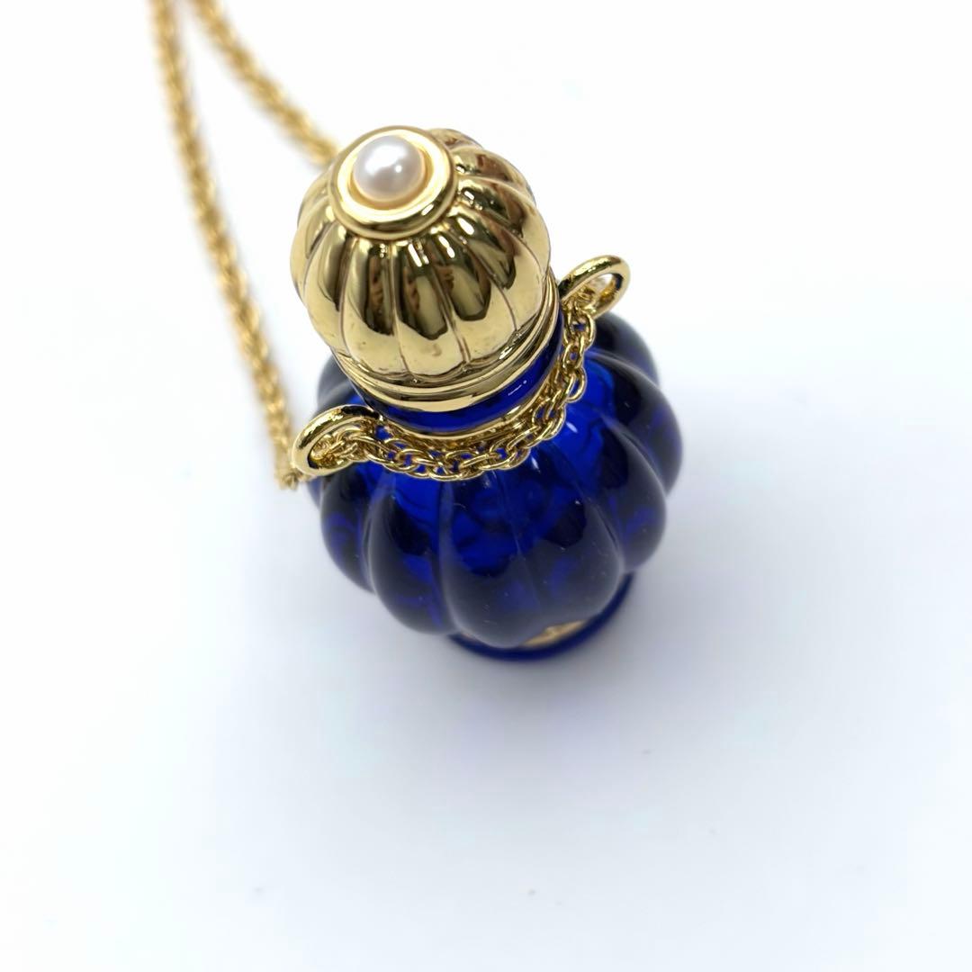 Mikimoto perfume bottle necklace with cobalt blue glass, gold decoration, pearl, and 80 cm chain