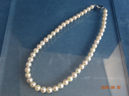Akoya pearl necklace featuring 8-8.5mm almost round and semi-round pearls with a 43cm one-touch silver clasp