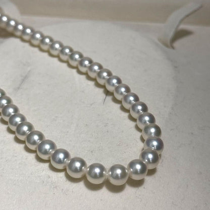 Mikimoto Akoya pearl necklace with 6.5mm pearls and silver clasp on a white background