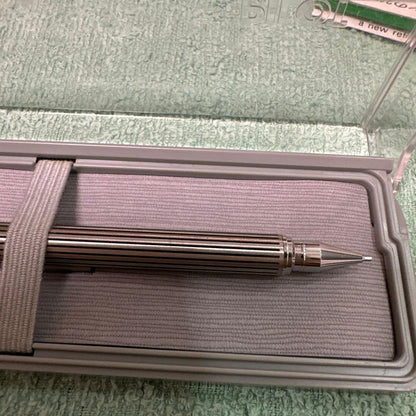 Silver Pilot Switch key-engraved pen with fine tip and stripe design beside its case
