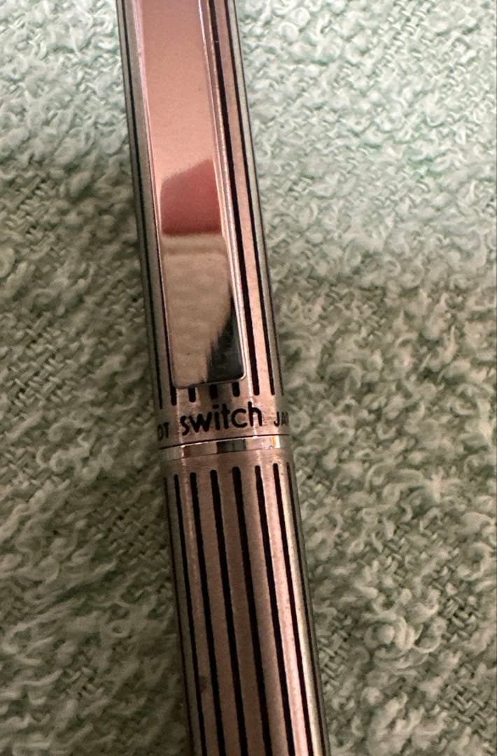 Silver Pilot Switch key-engraved pen with fine tip and stripe design beside its case