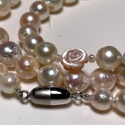 Shell Rose and Akoya Pearl long necklace with 6.5-9.5mm pearls measuring approximately 80.1 cm