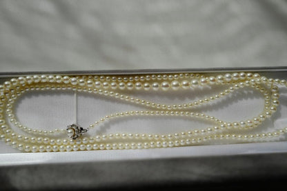 New Akoya Pearl baby ultra long necklace with ivory pearls 7.4-3.4mm on silver chain 131cm length