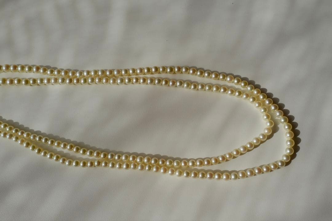New Akoya Pearl baby ultra long necklace with ivory pearls 7.4-3.4mm on silver chain 131cm length