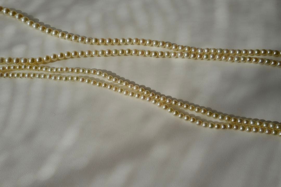 New Akoya Pearl baby ultra long necklace with ivory pearls 7.4-3.4mm on silver chain 131cm length