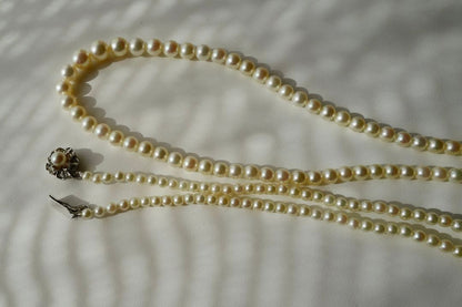 New Akoya Pearl baby ultra long necklace with ivory pearls 7.4-3.4mm on silver chain 131cm length