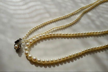 New Akoya Pearl baby ultra long necklace with ivory pearls 7.4-3.4mm on silver chain 131cm length