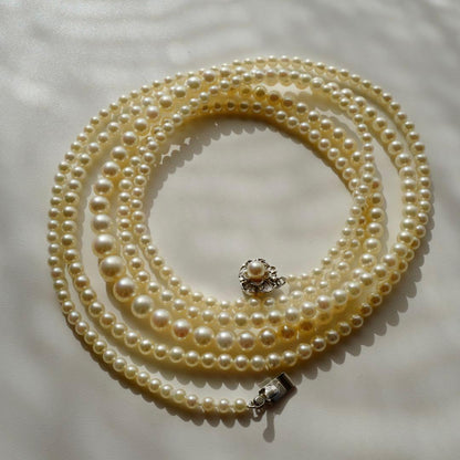 New Akoya Pearl baby ultra long necklace with ivory pearls 7.4-3.4mm on silver chain 131cm length