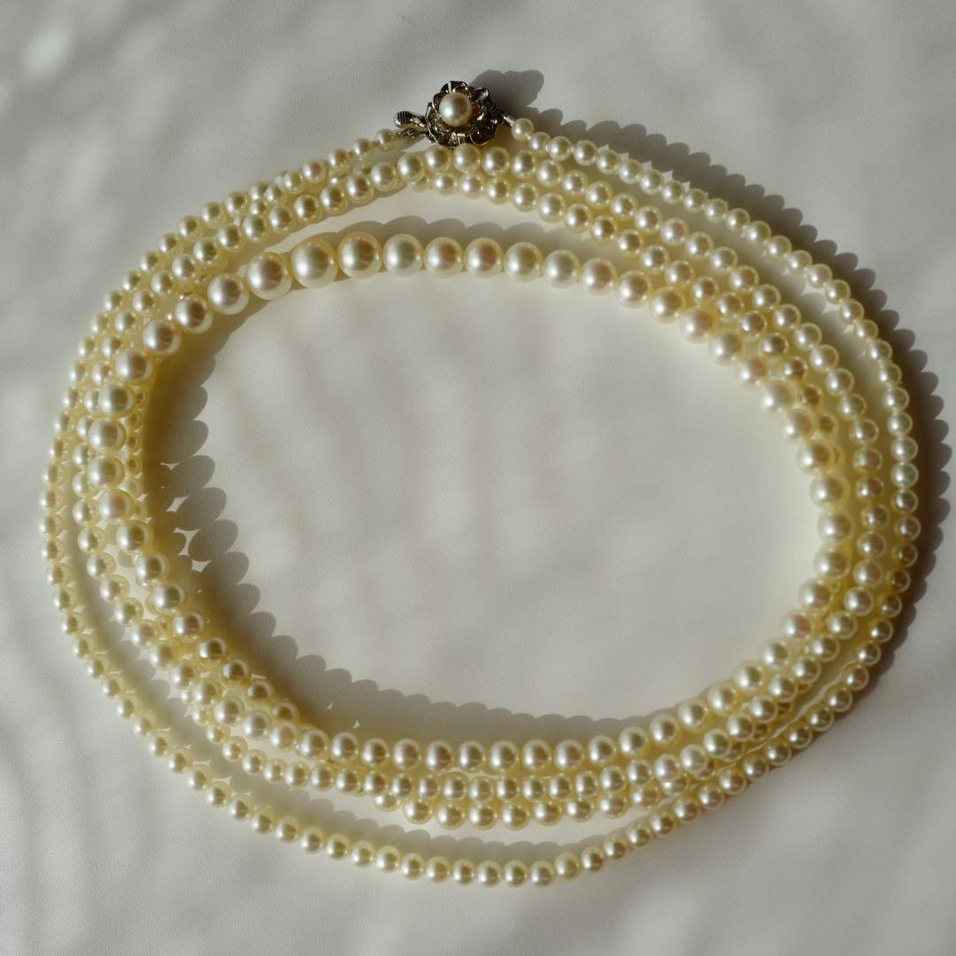 New Akoya Pearl baby ultra long necklace with ivory pearls 7.4-3.4mm on silver chain 131cm length