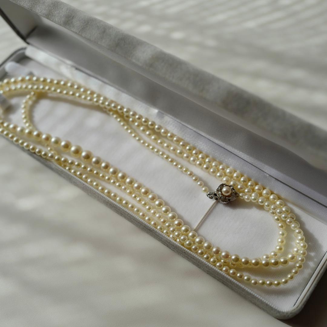 New Akoya Pearl baby ultra long necklace with ivory pearls 7.4-3.4mm on silver chain 131cm length