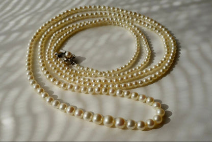 New Akoya Pearl baby ultra long necklace with ivory pearls 7.4-3.4mm on silver chain 131cm length