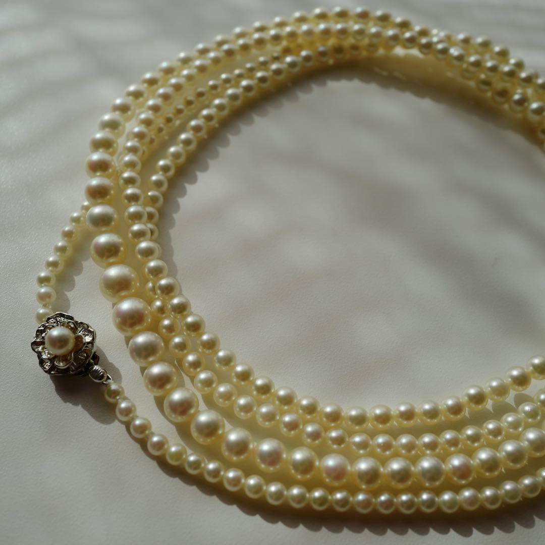 New Akoya Pearl baby ultra long necklace with ivory pearls 7.4-3.4mm on silver chain 131cm length