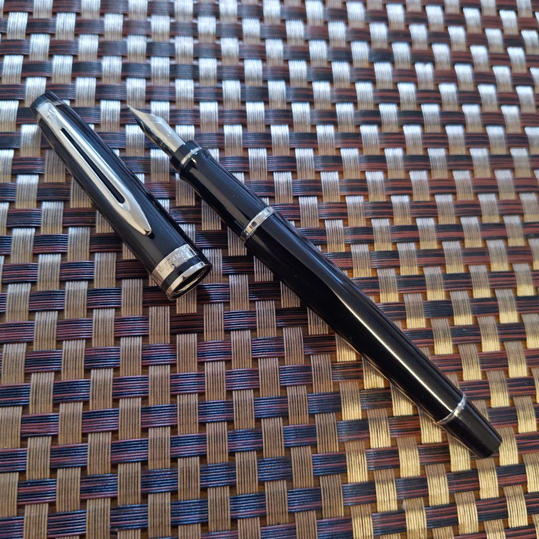 Waterman black fountain pen with blue ink cartridge and dedicated black case on white background