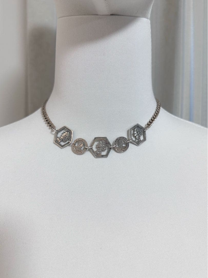 Agete silver coin motif necklace with antique finish and gold plating on adjustable 40-50cm chain