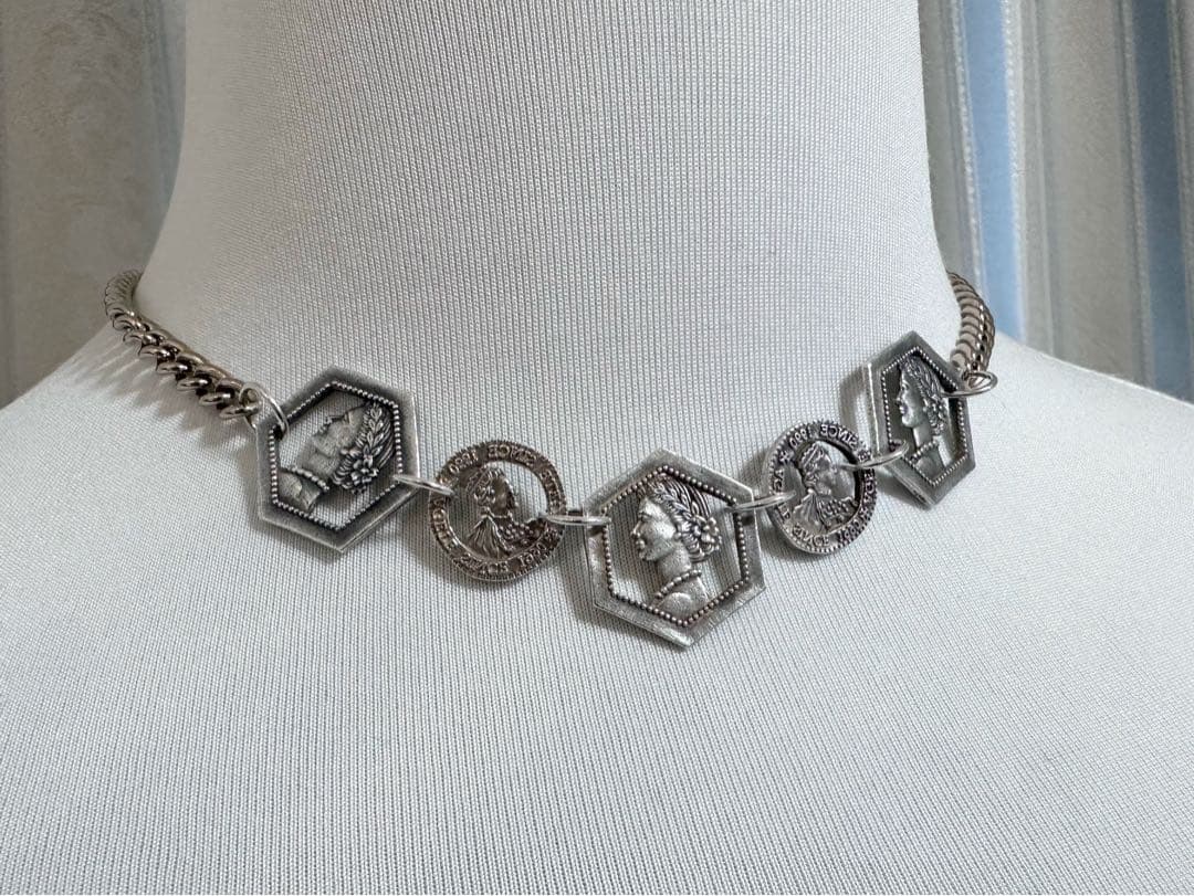 Agete silver coin motif necklace with antique finish and gold plating on adjustable 40-50cm chain