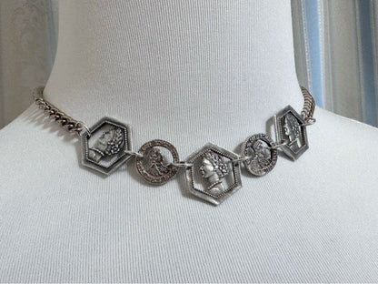 Agete silver coin motif necklace with antique finish and gold plating on adjustable 40-50cm chain