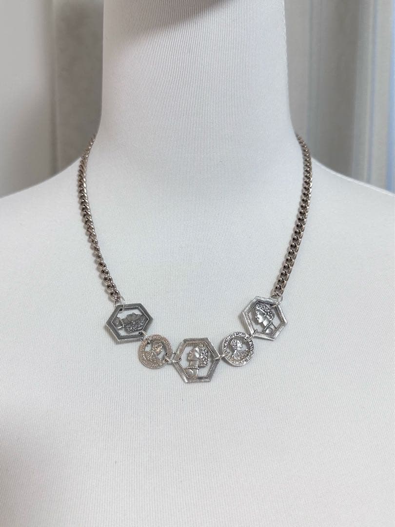 Agete silver coin motif necklace with antique finish and gold plating on adjustable 40-50cm chain